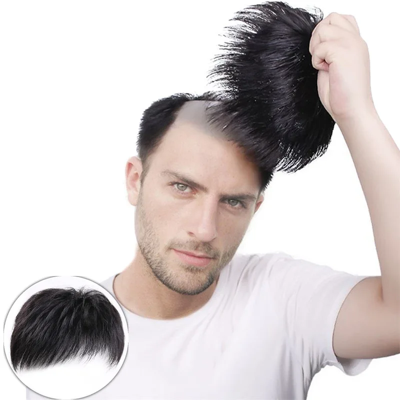 Парик кусок мужской повязки для волос от облысения на лбу покрывает белые волосы натуральным дышащим синтетическим высокотемпературным шелковым париком Изображение 0