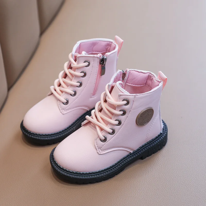 Размер 21-30 Демисезонные детские тонкие ботинки из искусственной кожи, детские полусапожки для маленьких девочек и мальчиков, повседневная обувь розового, белого, черного цвета Изображение 1