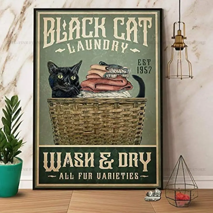 Ретро Металлическая жестяная вывеска Black Cat для стирки белья и плакатная вывеска для наружного и внутреннего настенного плаката, домашнего бара, магазина, украшения для кофе Изображение 0