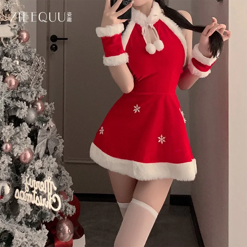 Рождественский наряд бренда Ziqi, милое плюшевое сексуальное женское белье с открытой спиной, бархатный тонкий женский униформный костюм 6112 Изображение 2