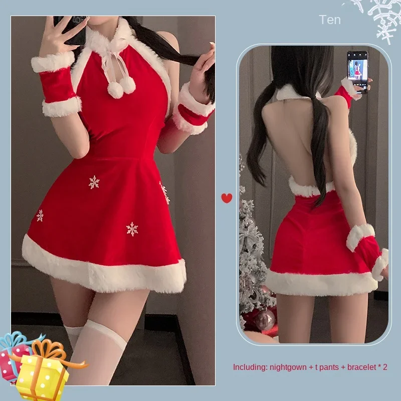 Рождественский наряд бренда Ziqi, милое плюшевое сексуальное женское белье с открытой спиной, бархатный тонкий женский униформный костюм 6112 Изображение 5