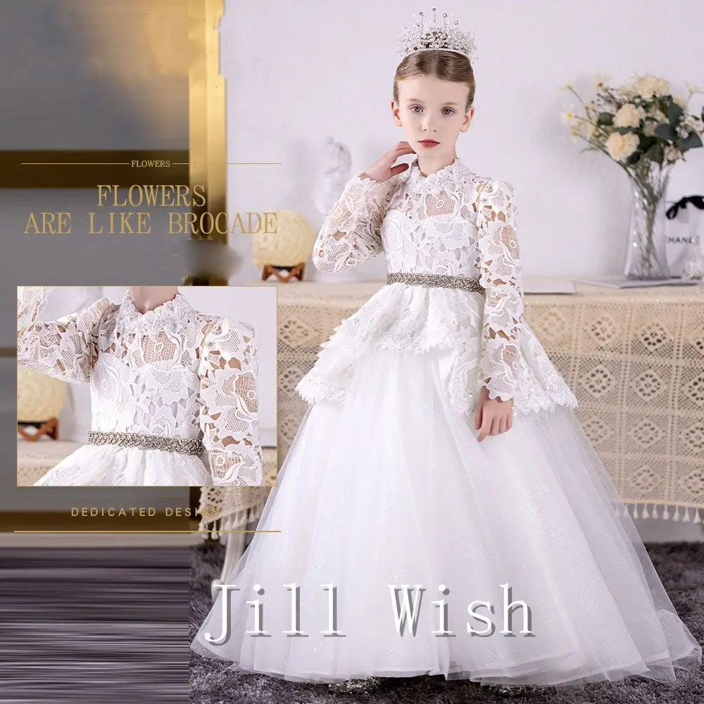 Роскошные белые платья для девочек-цветочниц Jill Wish с кружевным поясом, вечерние бальные платья для детей на День рождения, свадьбу, театрализованное шоу J037 Изображение 0