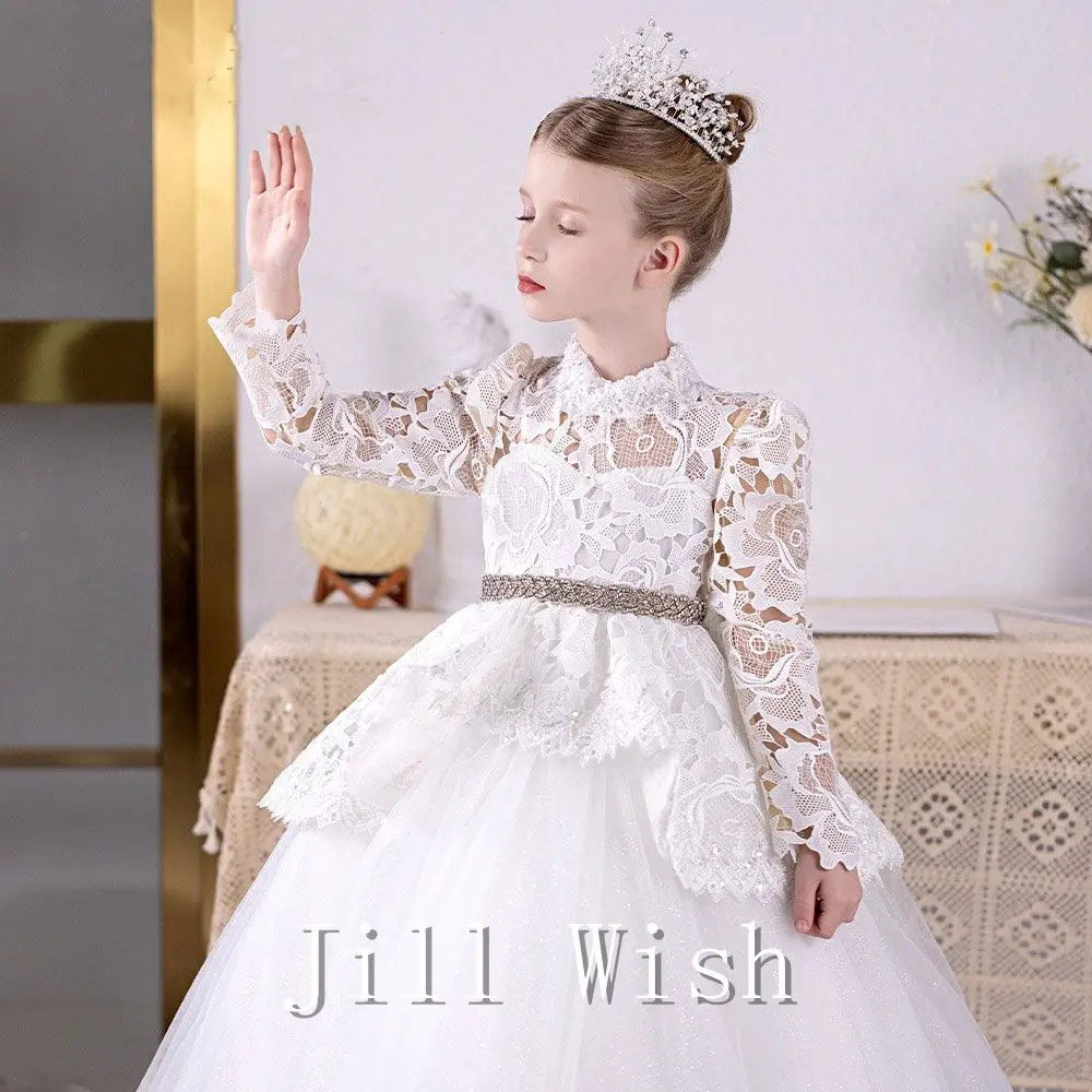 Роскошные белые платья для девочек-цветочниц Jill Wish с кружевным поясом, вечерние бальные платья для детей на День рождения, свадьбу, театрализованное шоу J037 Изображение 1