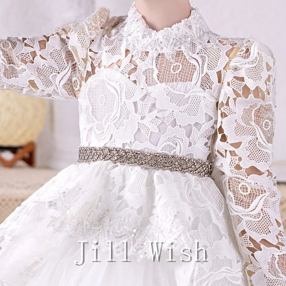 Роскошные белые платья для девочек-цветочниц Jill Wish с кружевным поясом, вечерние бальные платья для детей на День рождения, свадьбу, театрализованное шоу J037 Изображение 2