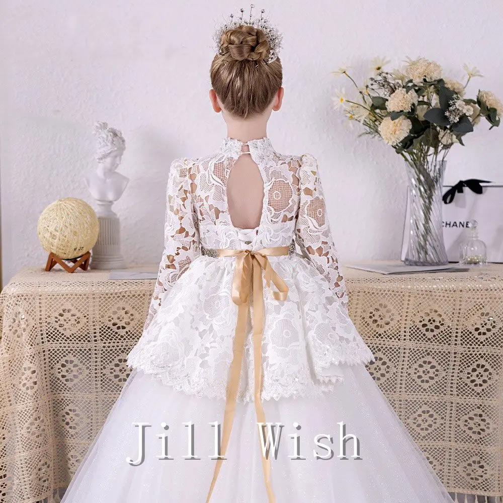 Роскошные белые платья для девочек-цветочниц Jill Wish с кружевным поясом, вечерние бальные платья для детей на День рождения, свадьбу, театрализованное шоу J037 Изображение 4