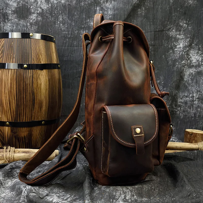 Рюкзак из натуральной кожи, ретро мужская сумка, ретро холщовый рюкзак, модная женская сумка, дорожная сумка, школьная сумка 18 дюймов Изображение 3