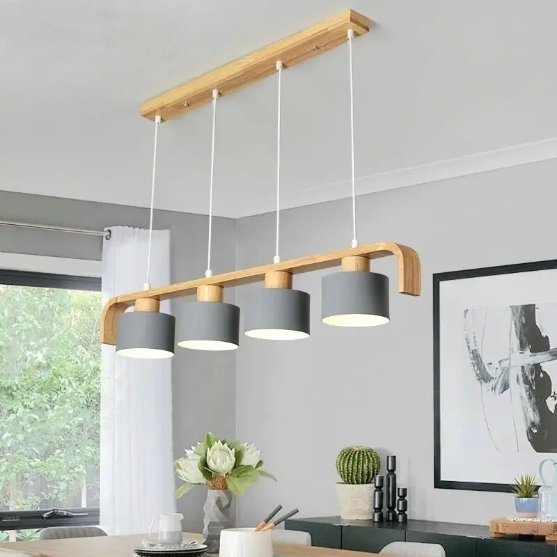 Современные светодиодные подвесные светильники с металлическим абажуром для столовой, деревянная подвесная лампа E27, деревянный кухонный светильник Изображение 1
