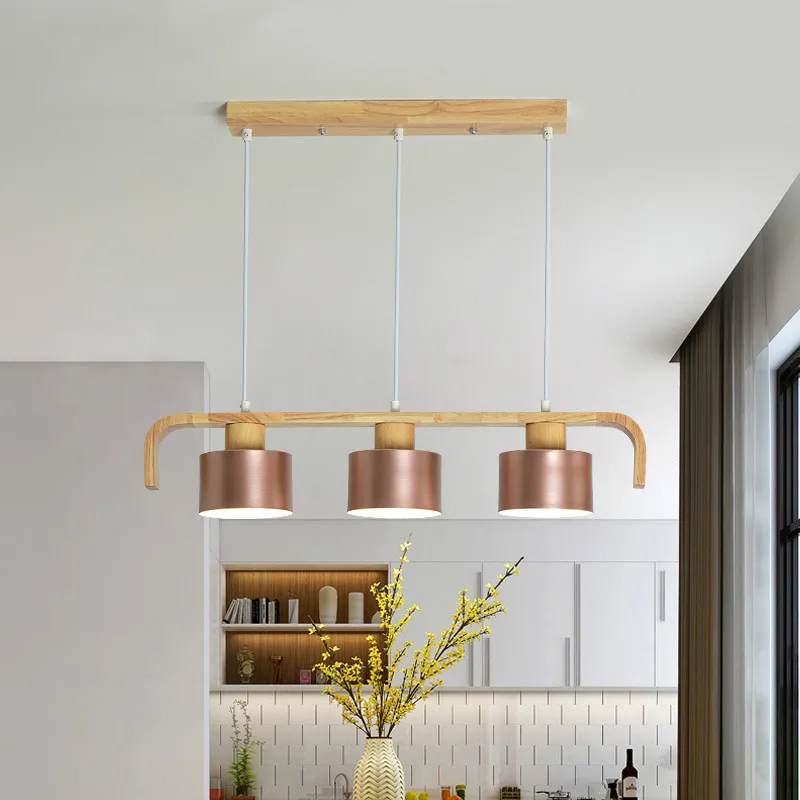 Современные светодиодные подвесные светильники с металлическим абажуром для столовой, деревянная подвесная лампа E27, деревянный кухонный светильник Изображение 3