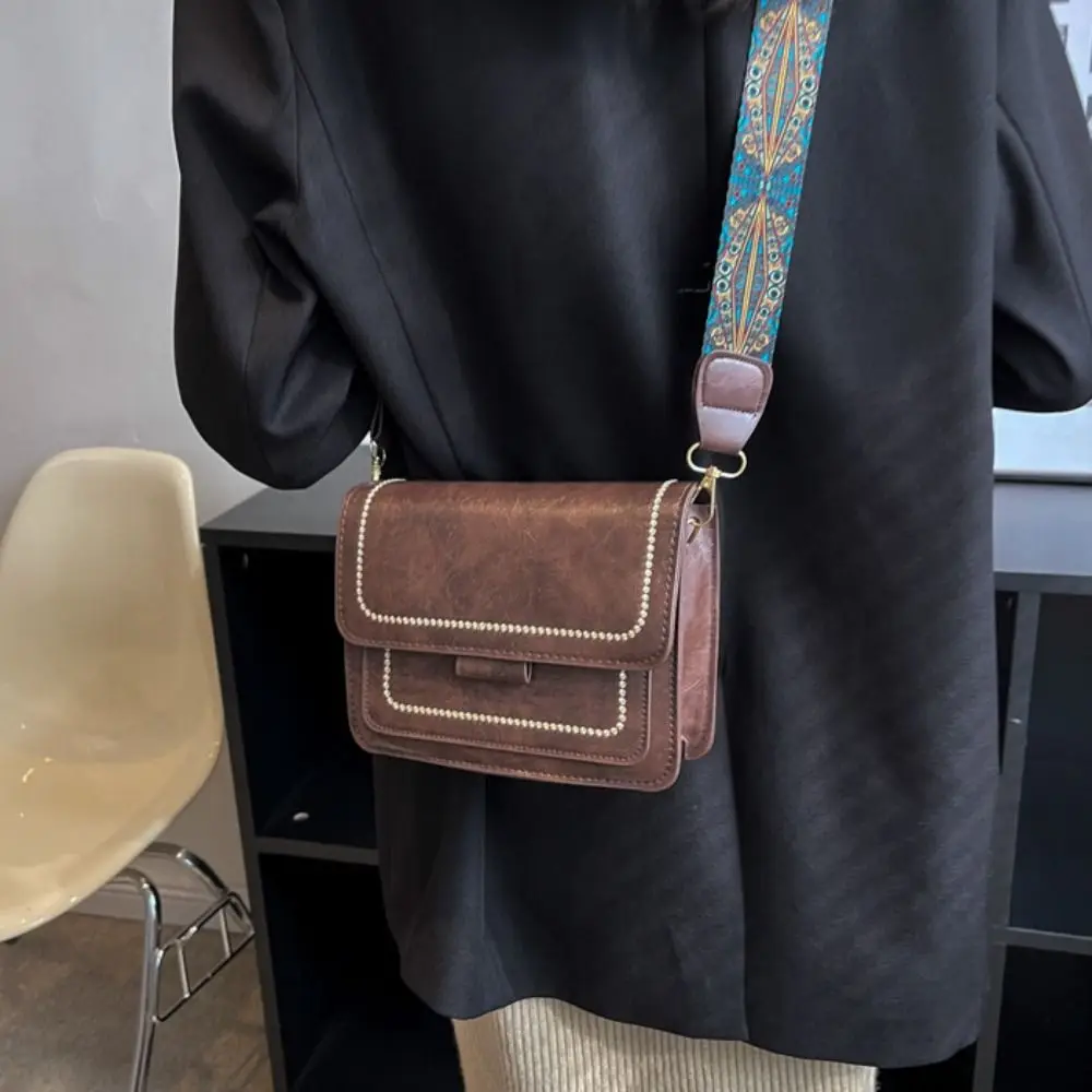 Сумка в этническом стиле, наплечная сумка, широкий плечевой ремень, маленькая квадратная сумка, Корейская сумка через плечо из искусственной кожи большой емкости Изображение 1