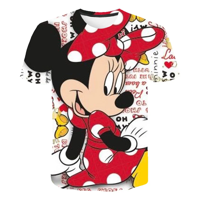 Футболка с принтом Disney Minnie Mouse, Летние модные повседневные футболки с круглым воротом и коротким рукавом, милая свежая одежда для девочек, футболки для девочек Изображение 0