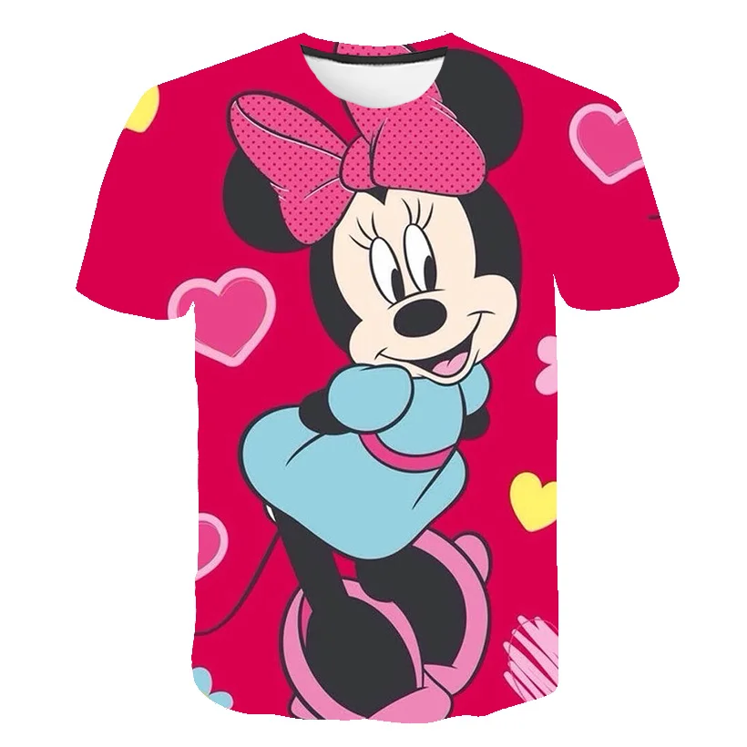 Футболка с принтом Disney Minnie Mouse, Летние модные повседневные футболки с круглым воротом и коротким рукавом, милая свежая одежда для девочек, футболки для девочек Изображение 1