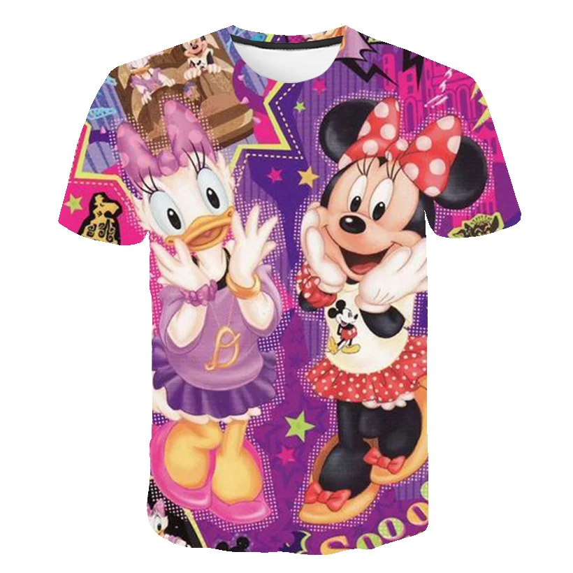 Футболка с принтом Disney Minnie Mouse, Летние модные повседневные футболки с круглым воротом и коротким рукавом, милая свежая одежда для девочек, футболки для девочек Изображение 2