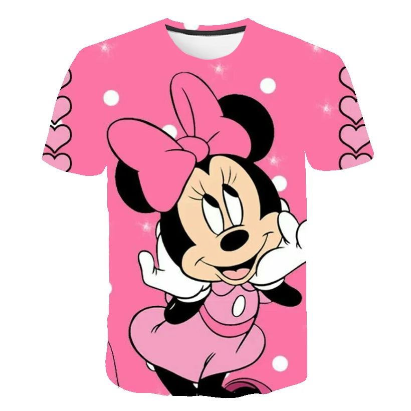 Футболка с принтом Disney Minnie Mouse, Летние модные повседневные футболки с круглым воротом и коротким рукавом, милая свежая одежда для девочек, футболки для девочек Изображение 3