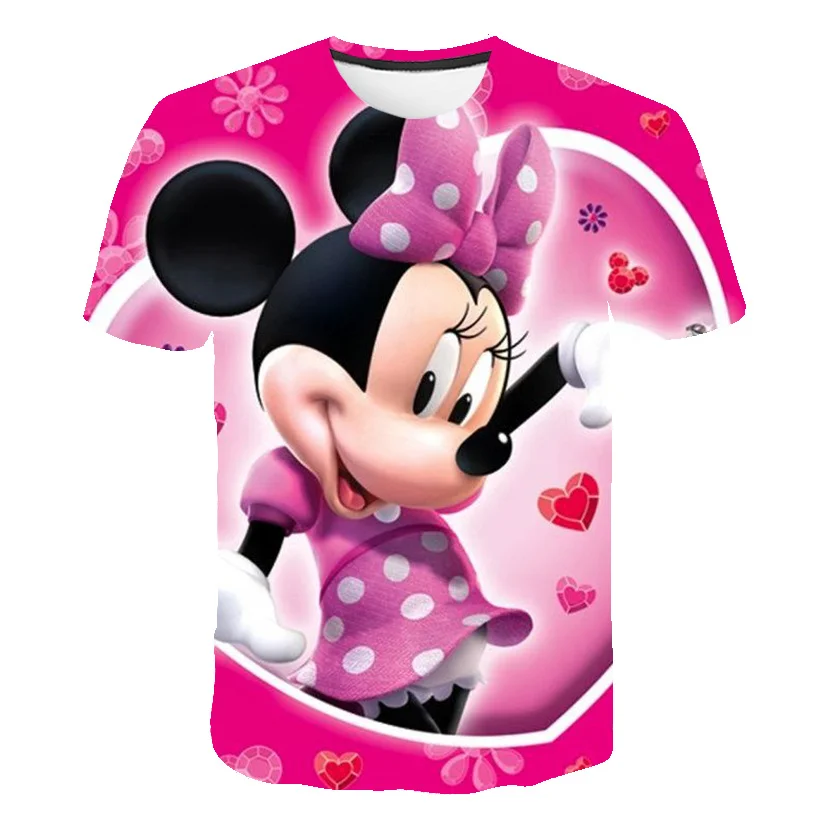 Футболка с принтом Disney Minnie Mouse, Летние модные повседневные футболки с круглым воротом и коротким рукавом, милая свежая одежда для девочек, футболки для девочек Изображение 4