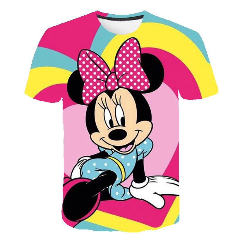 Футболка с принтом Disney Minnie Mouse, Летние модные повседневные футболки с круглым воротом и коротким рукавом, милая свежая одежда для девочек, футболки для девочек Изображение 5