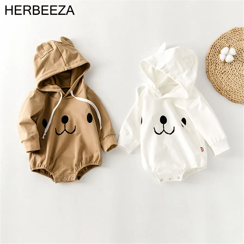 Хлопковый комбинезон с мультяшным мишкой для младенцев с капюшоном и длинными рукавами, одежда для маленьких мальчиков, одежда для новорожденных, боди для маленьких девочек Изображение 0